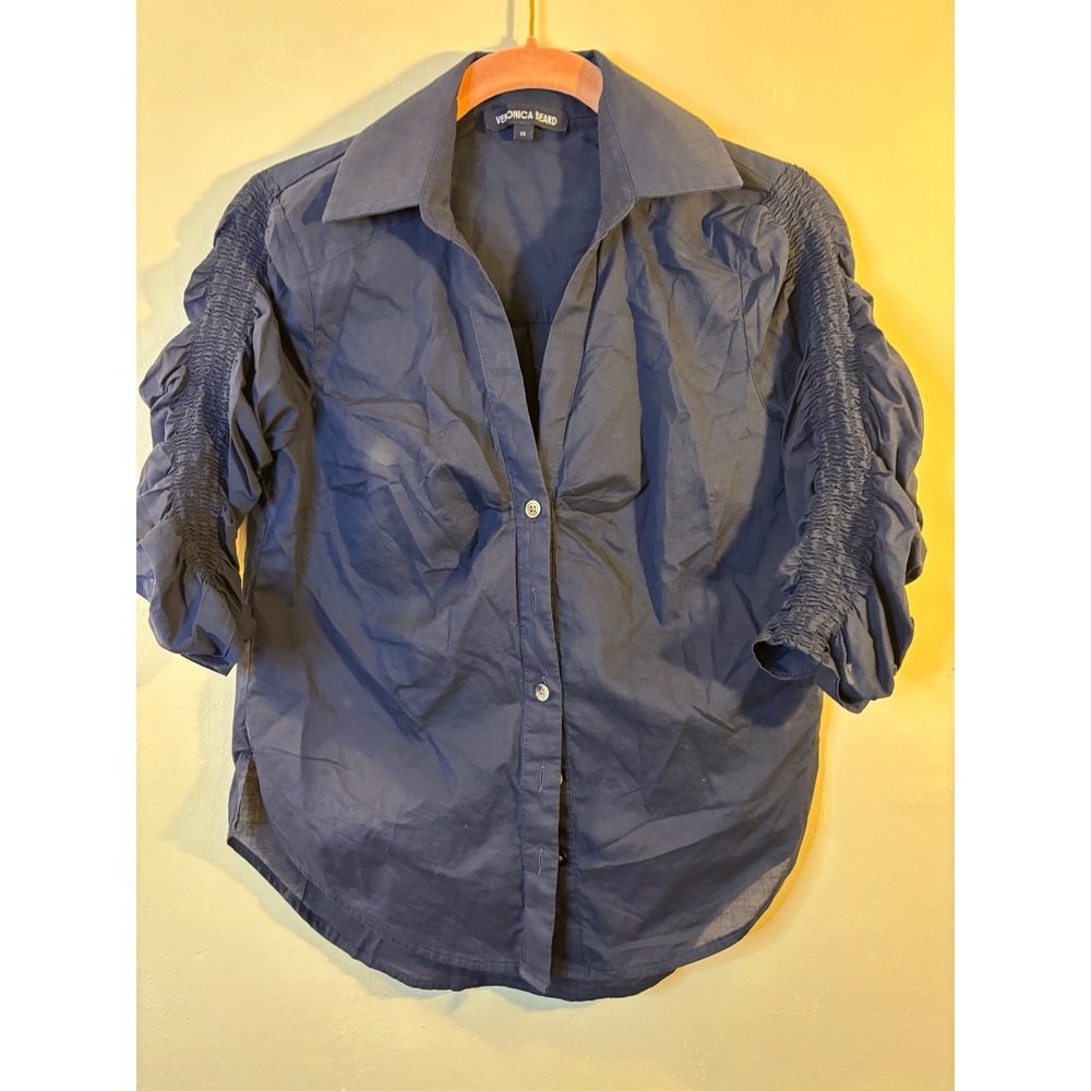 Veronica Beard Porto Ruched Cotto  Blouse XS Navy Blue Ruched Sleeves